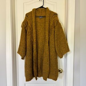 Anthropologie Fringe Knit Cardigan OS Mustard Marigold Chunky Open Front